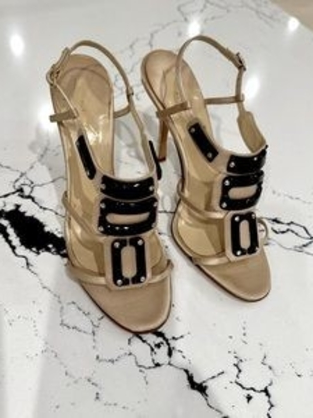 Alexandra Neel Beige Slingback Heels with Black Buckle Accents